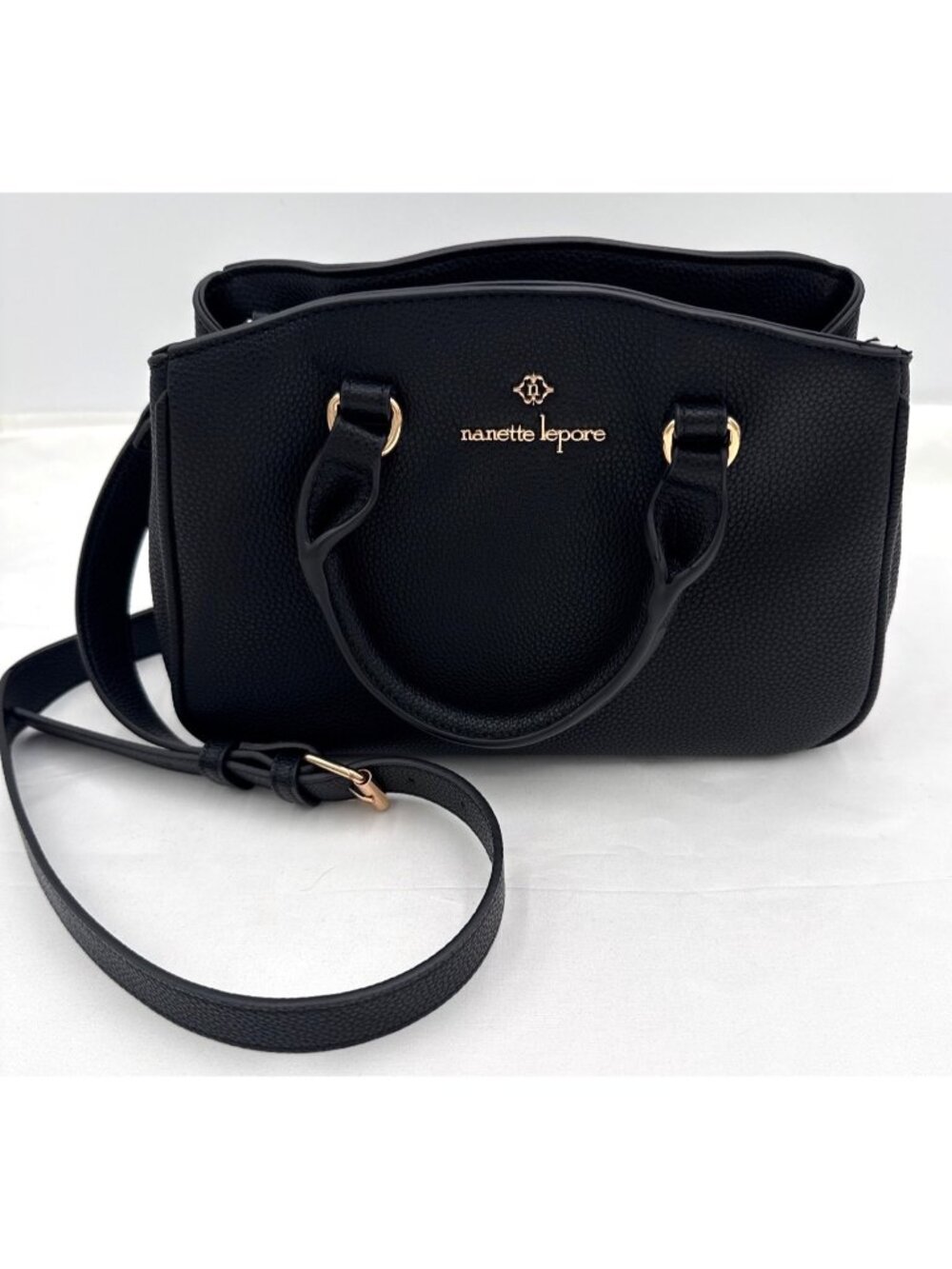 Nanette Lepore Black Pebbled Faux Leather Crossbody Bag Gold Accent Adjust Strap